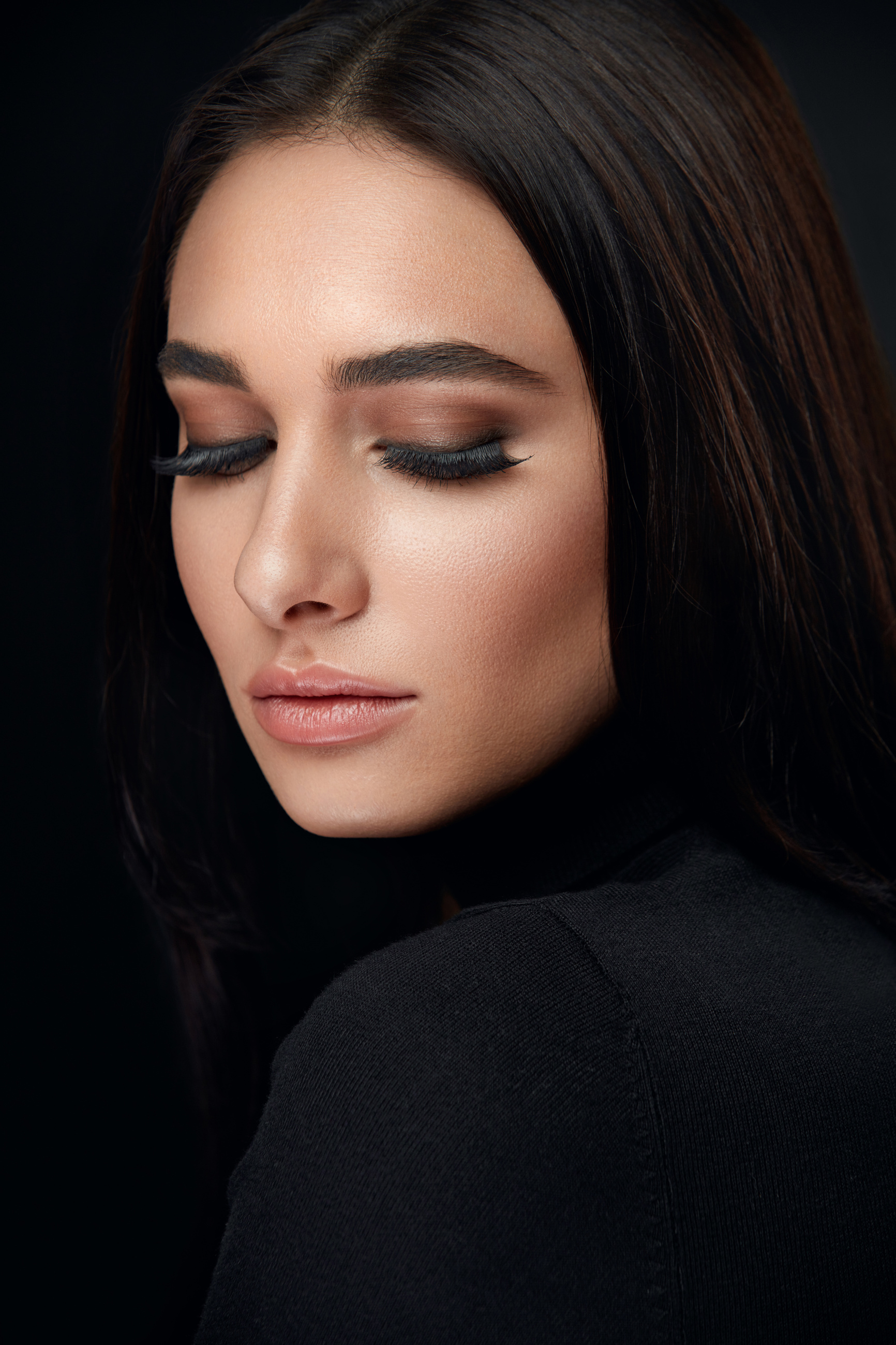 Eyelashes Makeup. Woman Beauty Face With Black Lashes Extensions